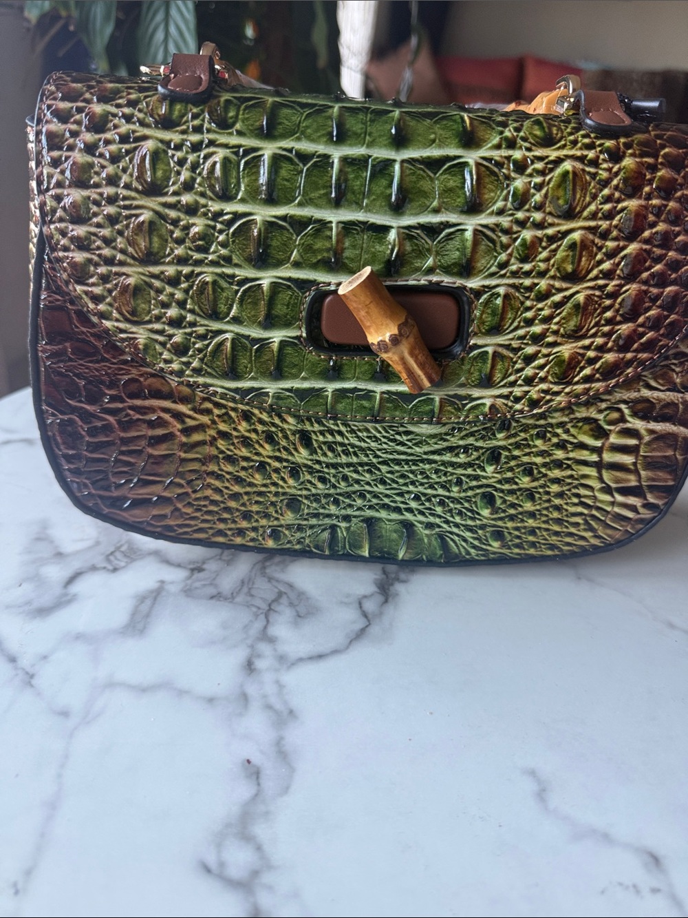 Brand-new Green-Brown Croc-Embossed Leather Crossbody Bag with Bamboo Turn lock